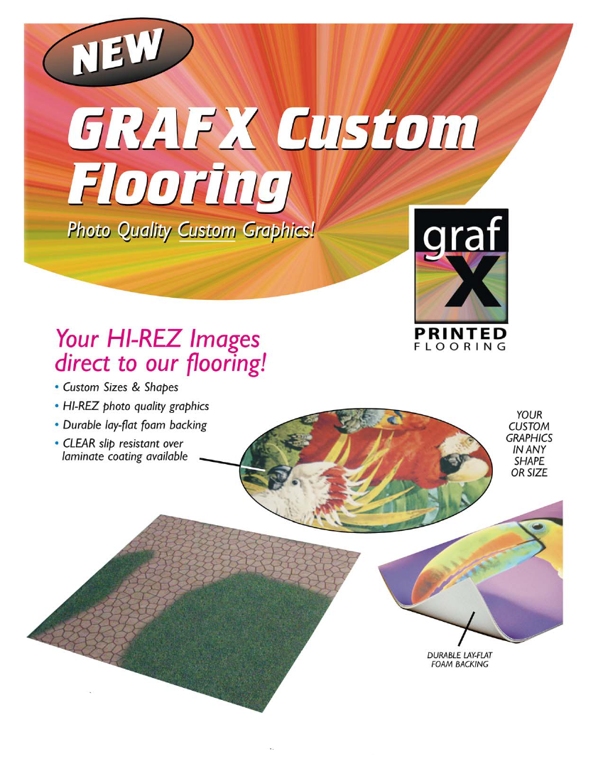 GRAFX Custom Flooring for Trade Shows: HI-REZ photo quality graphics, Durable lay-flat rubber backing, Clear slip resistant over laminate coating, Custom Sizes and Shapes